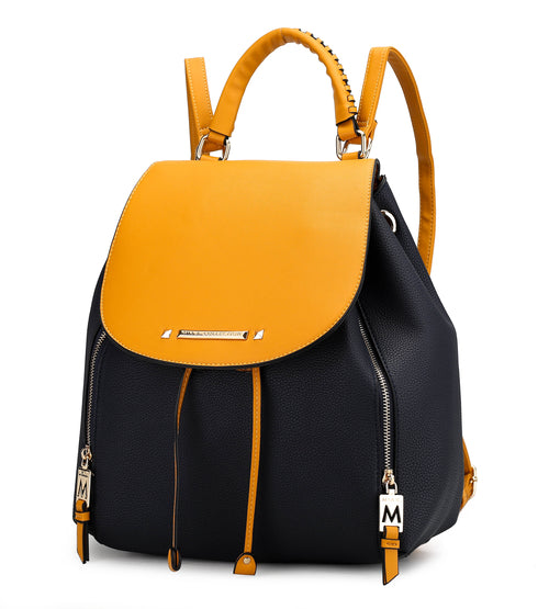 A black and yellow Kimberly Backpack Vegan Leather Women by Pink Orpheus, with zippers, providing ample storage space.