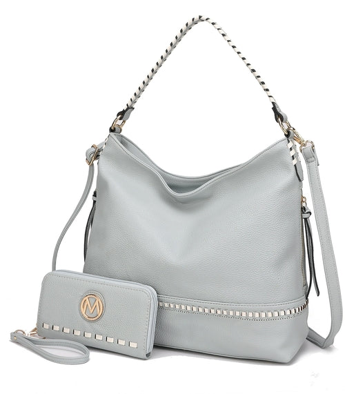 A light blue Pink Orpheus handbag with studs and a Blake two tone whip stitches Vegan Leather Shoulder bag with Wallet.