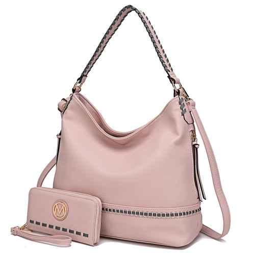 A Pink Orpheus Blake two tone whip stitches Vegan Leather Shoulder bag with Wallet.