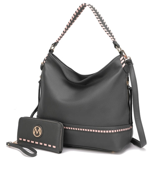 A grey and pink Blake two tone whip stitches Vegan Leather Shoulder bag set with a wallet made of vegan leather, by Pink Orpheus.