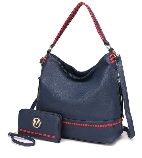 A Pink Orpheus blue and red Blake two tone whip stitches Vegan Leather Shoulder bag with Wallet.