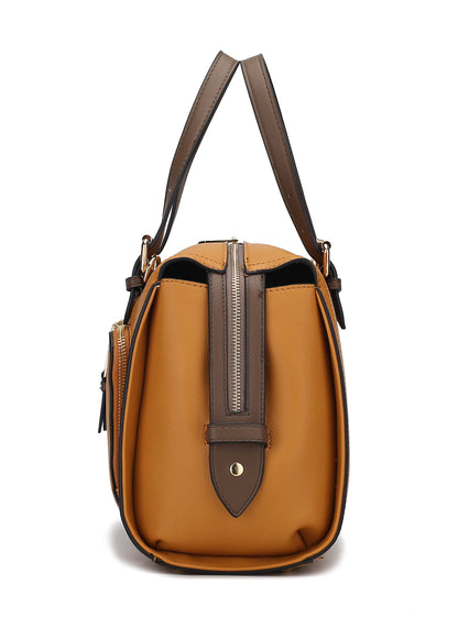 A Elise Vegan Leather Color-block Women Satchel Bag by Pink Orpheus with a brown strap.