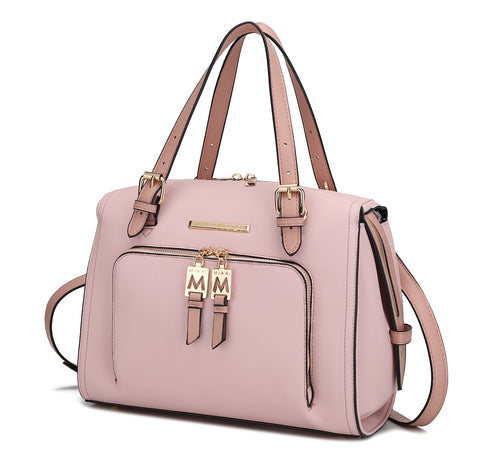 The Pink Orpheus Elise Vegan Leather Color-block Women Satchel Bag is a stylish satchel bag with a color-block design. This pink accessory features gold hardware, adding a touch of elegance to your outfit.