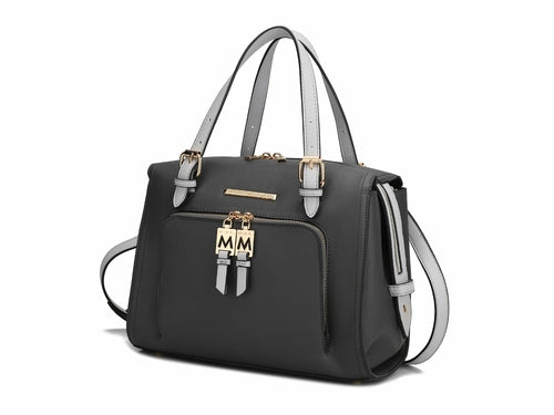 An Elise Vegan Leather Color-block Women Satchel Bag by Pink Orpheus with gold hardware in a black color.