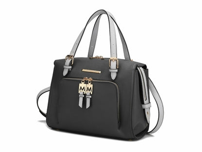An Elise Vegan Leather Color-block Women Satchel Bag by Pink Orpheus with gold hardware in a black color.