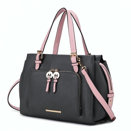 A Pink Orpheus Elise Vegan Leather Color-block Women Satchel Bag with two handles.