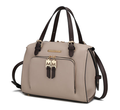 The beige and brown Pink Orpheus Elise Vegan Leather Color-block Women Satchel Bag features a color-block design.