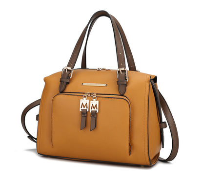 A Elise Vegan Leather Color-block Women Satchel Bag from Pink Orpheus with two handles and a shoulder strap.