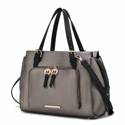 A Pink Orpheus Elise vegan leather color-block women satchel bag with a grey body, black handles, and zippers.