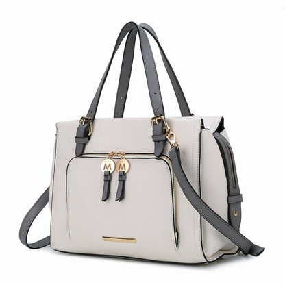 A Elise Vegan Leather Color-block Women Satchel Bag with two handles and two zippers from Pink Orpheus.