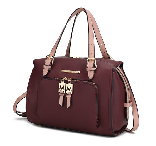 A Pink Orpheus Elise Vegan Leather Color-block Women Satchel Bag with two handles and a zipper.