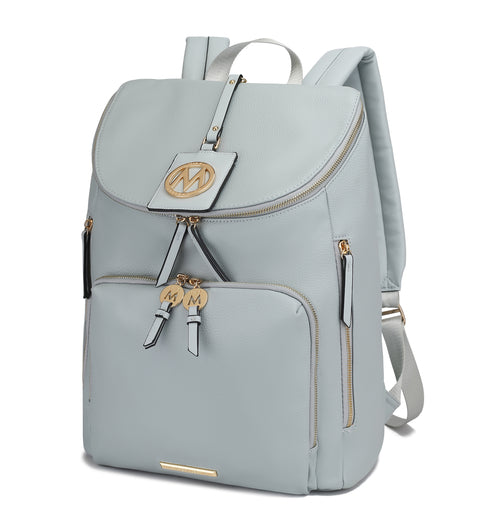 A light gray Angela Large Backpack Vegan Leather made from vegan leather, featuring multiple zipped compartments, gleaming gold hardware, and a top flap adorned with a prominent MK logo. Perfect for travel or everyday use.