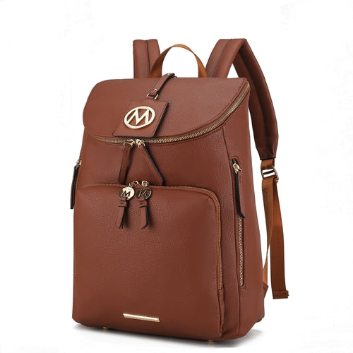 The Pink Orpheus Angela Large Backpack Vegan Leather in tan features multiple zippered compartments, adjustable shoulder straps, and gold hardware, including a decorative emblem on the front. This chic travel backpack is perfect for any adventure.