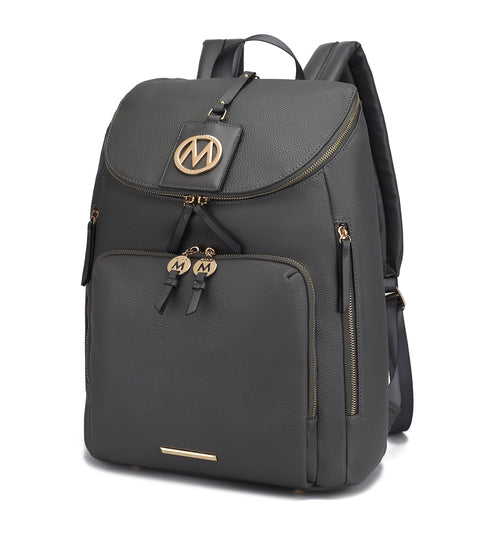 A gray Pink Orpheus Angela Large Backpack Vegan Leather with gold zippers and a logo on the front flap. This stylish travel backpack features multiple pockets and adjustable straps, perfect for any adventure.