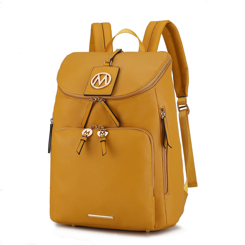 The Angela Large Backpack Vegan Leather, a mustard yellow beauty made from vegan leather, features multiple zippered compartments and an "M" logo on the front pocket—perfect for your next travel adventure by Pink Orpheus.