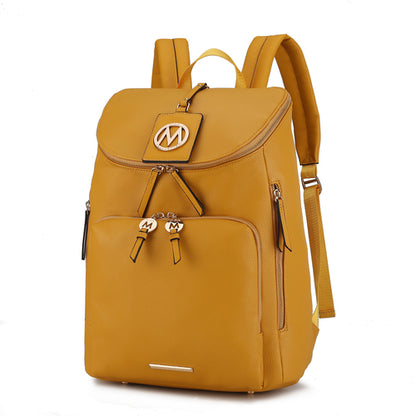 The Angela Large Backpack Vegan Leather, a mustard yellow beauty made from vegan leather, features multiple zippered compartments and an "M" logo on the front pocket—perfect for your next travel adventure by Pink Orpheus.