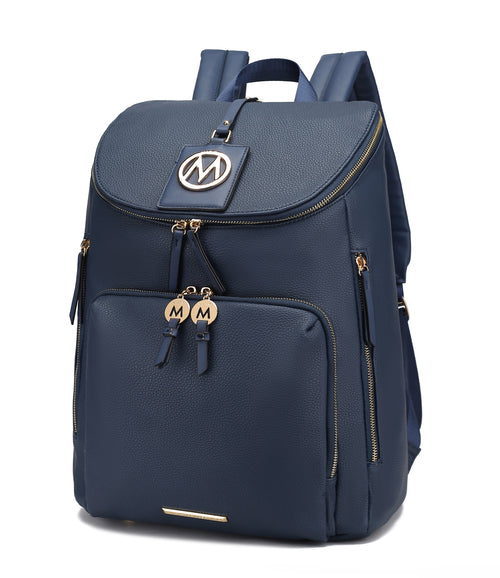 A navy blue Angela Large Backpack Vegan Leather made of vegan leather with gold zippers, a front pocket, and a round logo on the front flap. The top features two zippers with gold “M” branded pulls. Two padded shoulder straps make it the perfect travel backpack by Pink Orpheus.
