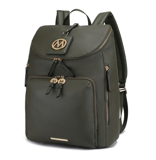 The Angela Large Backpack Vegan Leather, crafted from vegan leather, is a dark green travel backpack with gold zippers and a front pocket. It features an 'M' logo tag hanging from the top flap and matching 'M' zipper pulls.