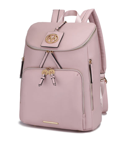Introducing the Angela Large Backpack Vegan Leather from Pink Orpheus in pink vegan leather with gold zippers and logo accents. This chic travel backpack features a front pocket with two zipper pulls and adjustable shoulder straps.