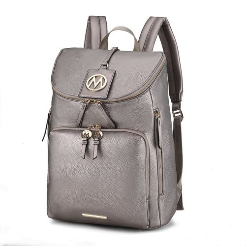 Introducing the Angela Large Backpack Vegan Leather by Pink Orpheus: a stylish vegan leather backpack in gray with a spacious main compartment, a front zippered pocket, and gold-tone hardware featuring a logo emblem and zipper pulls. Perfect for your travels.