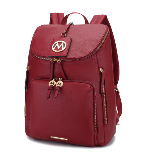 A red vegan leather backpack with multiple zippered pockets and gold-toned hardware, including the letter "M" on the front. This Angela Large Backpack Vegan Leather by Pink Orpheus is perfect for travel or everyday use.