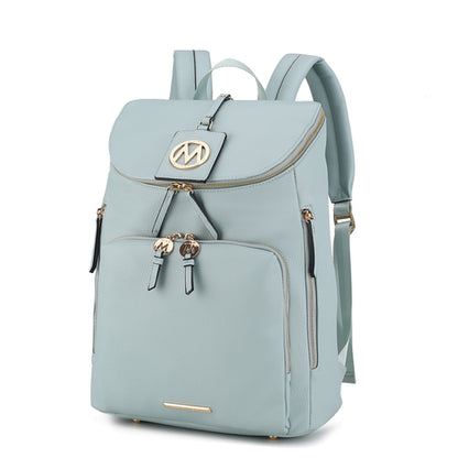 A light blue Angela Large Backpack Vegan Leather by Pink Orpheus featuring multiple zippered compartments, padded shoulder straps, and decorative gold-colored accents.