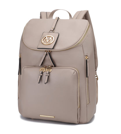 The Pink Orpheus Angela Large Backpack Vegan Leather is a beige travel backpack with gold zippers, featuring a front pocket with two zipper pulls, and a top flap adorned with a circular gold logo.