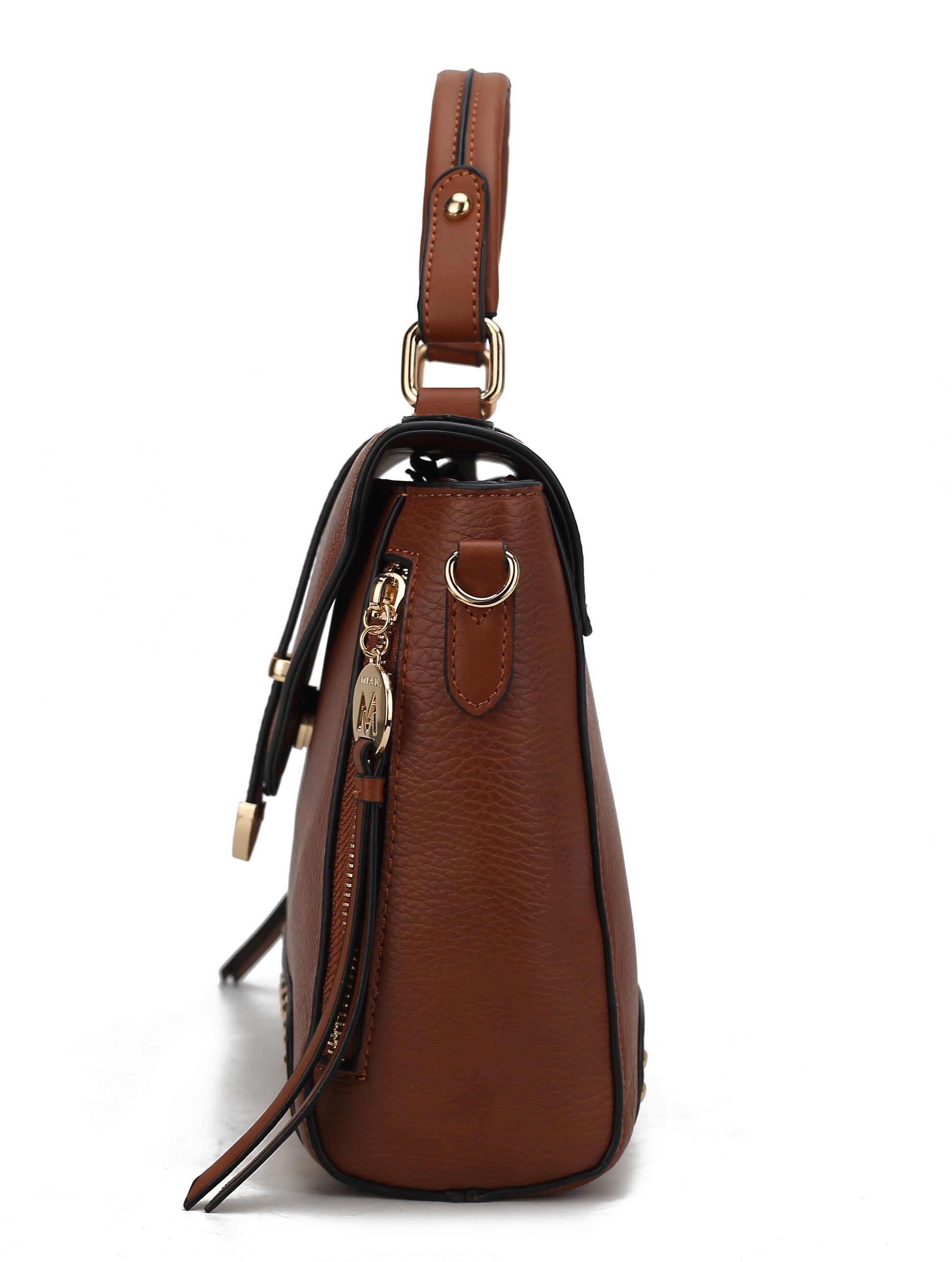 A tan Angela Vegan Leather Women’s Satchel Bag by Pink Orpheus with a zipper closure.