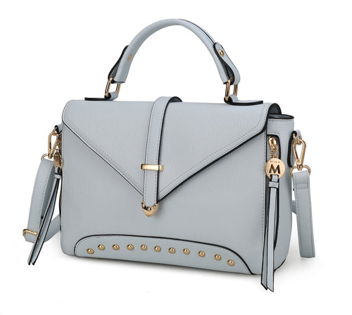 A light grey Angela Vegan Leather Women’s Satchel Bag with gold-tone embellishments by Pink Orpheus.