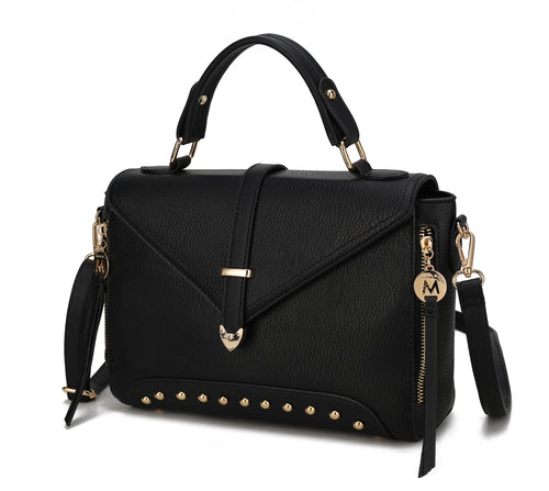A black Angela Vegan Leather Women’s Satchel Bag by Pink Orpheus with gold-tone embellishments and studs.