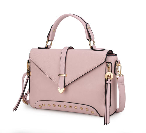 A Pink Orpheus Angela Vegan Leather Women's Satchel Bag with gold-tone embellishments.