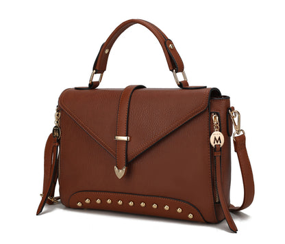 A brown Angela Vegan Leather Women’s Satchel Bag by Pink Orpheus with gold-tone embellishments.