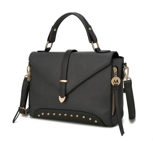 A Angela Vegan Leather Women's Satchel Bag with gold-tone embellishments and studs crafted from vegan leather by Pink Orpheus.