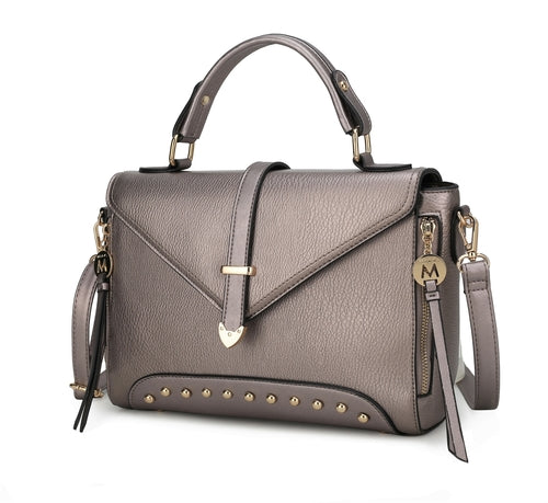 A Angela Vegan Leather Women’s Satchel Bag by Pink Orpheus with gold-tone embellishments.