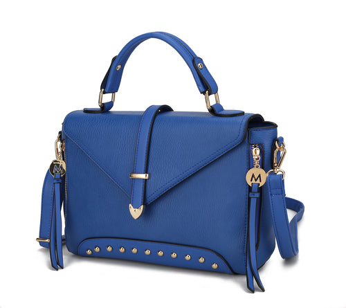 A blue Angela Vegan Leather Women’s Satchel Bag by Pink Orpheus with gold-tone embellishments and tassels.