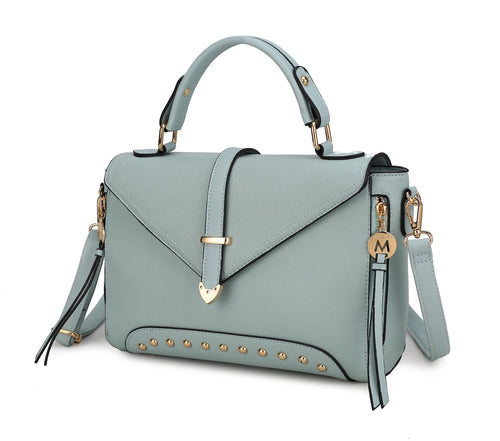 A light blue Angela Vegan Leather Women’s Satchel Bag embellished with gold-tone studs and tassels by Pink Orpheus.