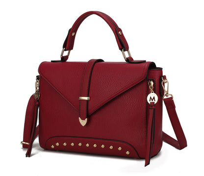 A red Angela Vegan Leather Women’s Satchel Bag with gold-tone embellishments by Pink Orpheus.