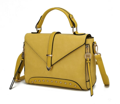 A yellow Angela Vegan Leather Women’s Satchel Bag with a strap by Pink Orpheus.