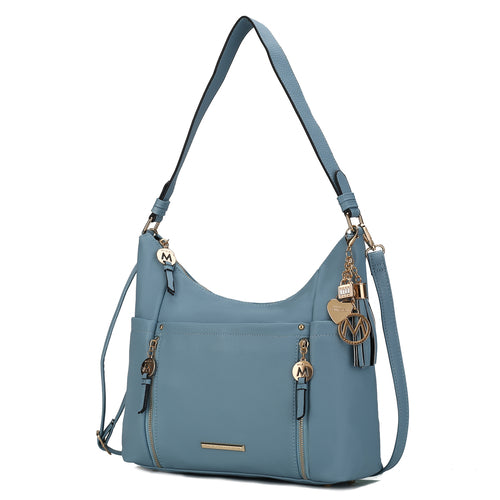 Powder blue Ruby Vegan Leather Women Shoulder Bag with gold-toned hardware and Pink Orpheus brand charms.