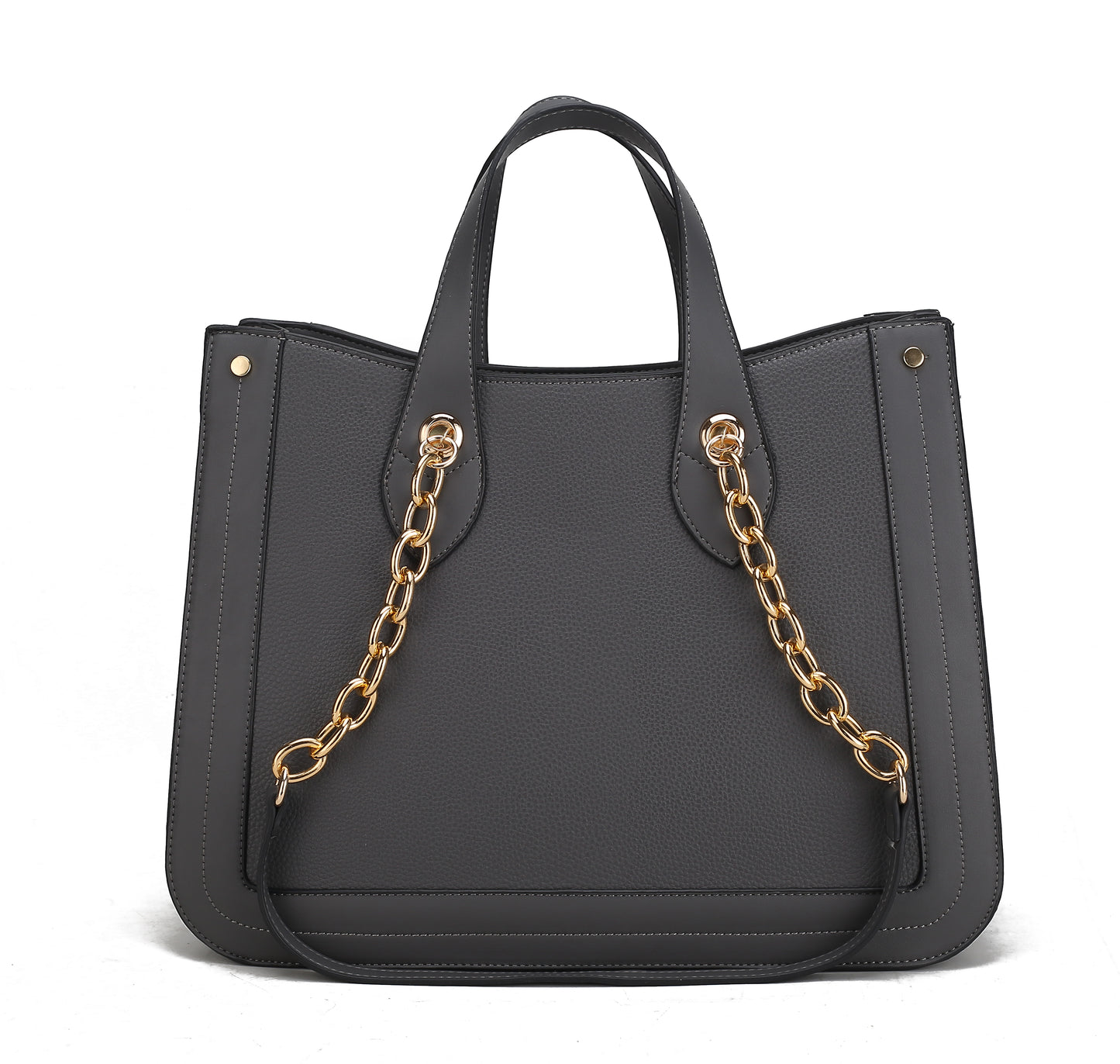 The Pink Orpheus Stella Vegan Leather Women Tote Bag is a grey tote bag with gold chain handles.