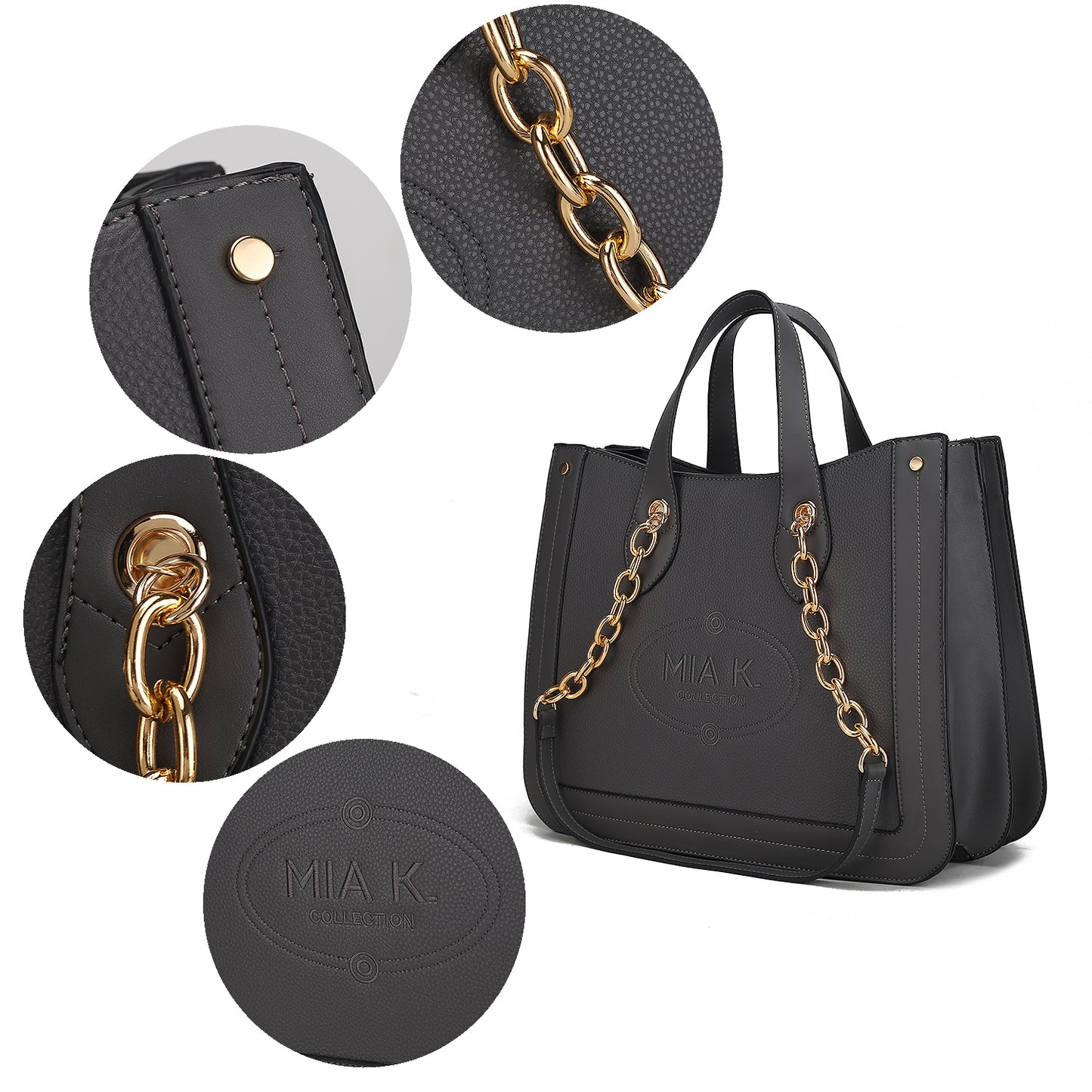 The Pink Orpheus Stella Vegan Leather Women Tote Bag is a black tote bag with a gold chain.