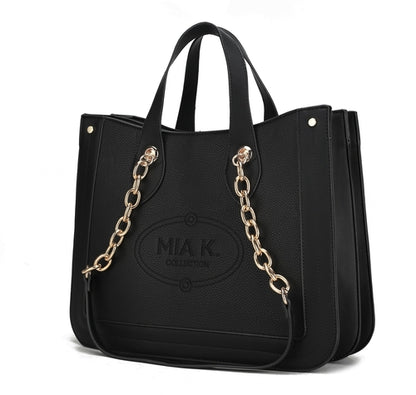 A Stella Vegan Leather Women Tote Bag by Pink Orpheus with a chain handle and accessories.