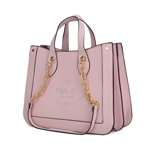 The Pink Orpheus Vegan Leather Women Tote Bag is a stylish pink handbag with gold chain handles.