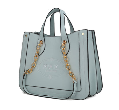 A light blue Stella Vegan Leather Women Tote Bag with gold chain handles, perfect for carrying daily essentials, by Pink Orpheus.