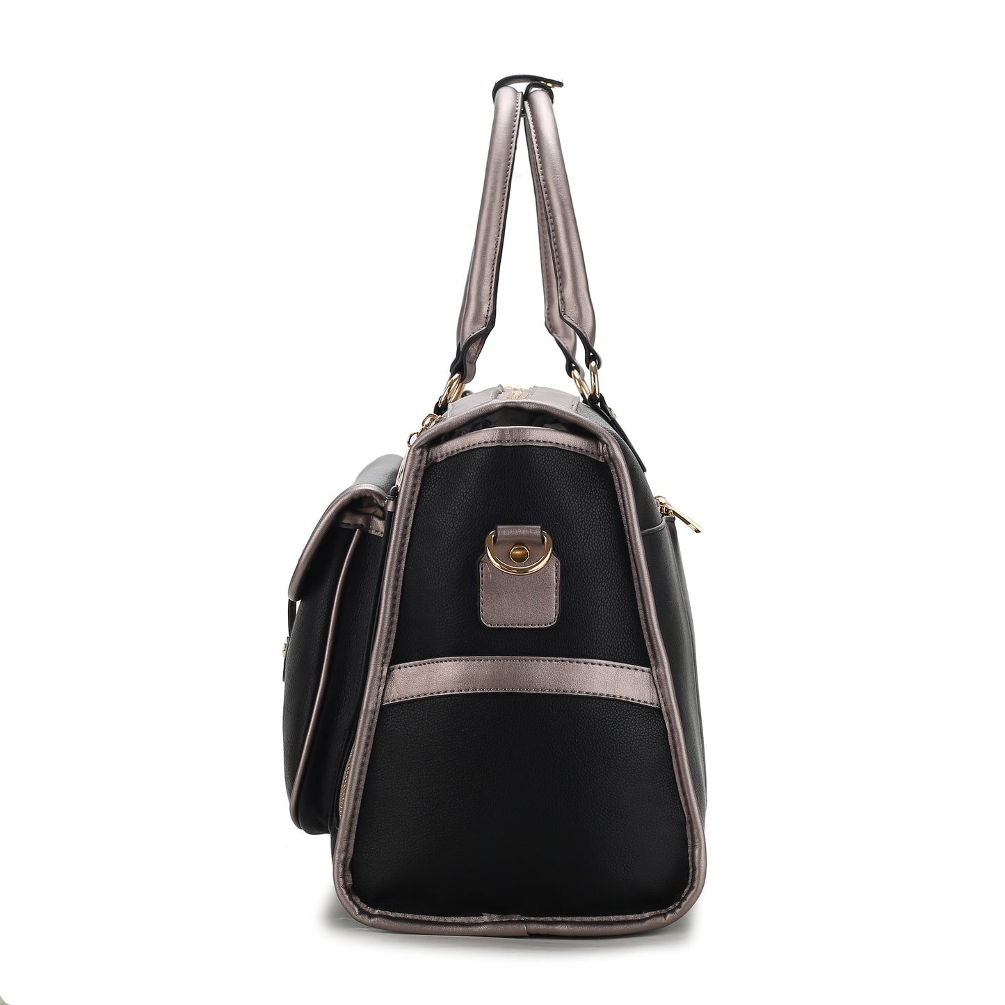 A black and silver Genevieve Duffle Handbag Color Block Vegan Leather Women designed for travel, featuring a convenient handle and a zippered pocket by Pink Orpheus.