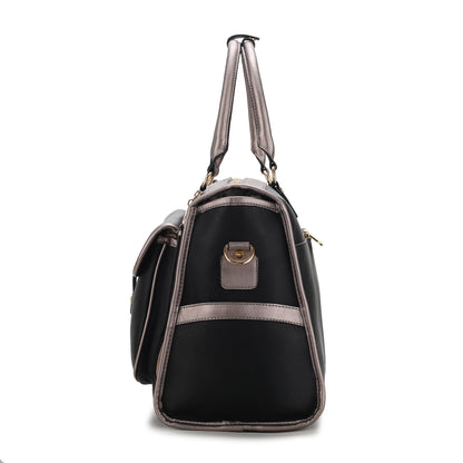 A black and silver Genevieve Duffle Handbag Color Block Vegan Leather Women designed for travel, featuring a convenient handle and a zippered pocket by Pink Orpheus.