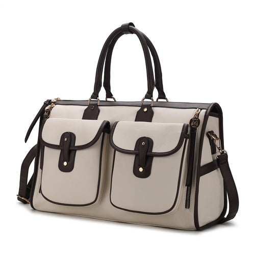 A white and brown Genevieve Color Block Vegan Leather Women duffel bag, perfect for travel from Pink Orpheus.
