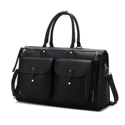 A Genevieve Duffle Handbag Color Block Vegan Leather Women by Pink Orpheus, with two compartments, perfect for travel.