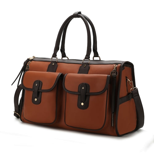 A brown leather Genevieve Duffle Handbag Color Block Vegan Leather Women by Pink Orpheus, perfect for travel, with two compartments.