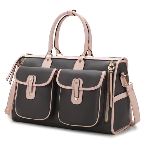A black and pink Pink Orpheus Genevieve Duffle Handbag Color Block Vegan Leather Women, ideal for travel, with two handles.